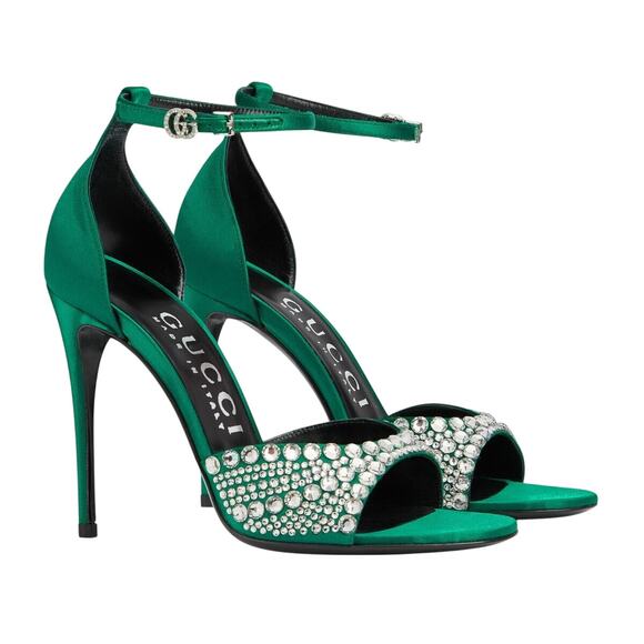 GUCCI Women's Satin High Heel Sandals with Crystals Size 37.5 US 7.5 Green New - Picture 2 of 16